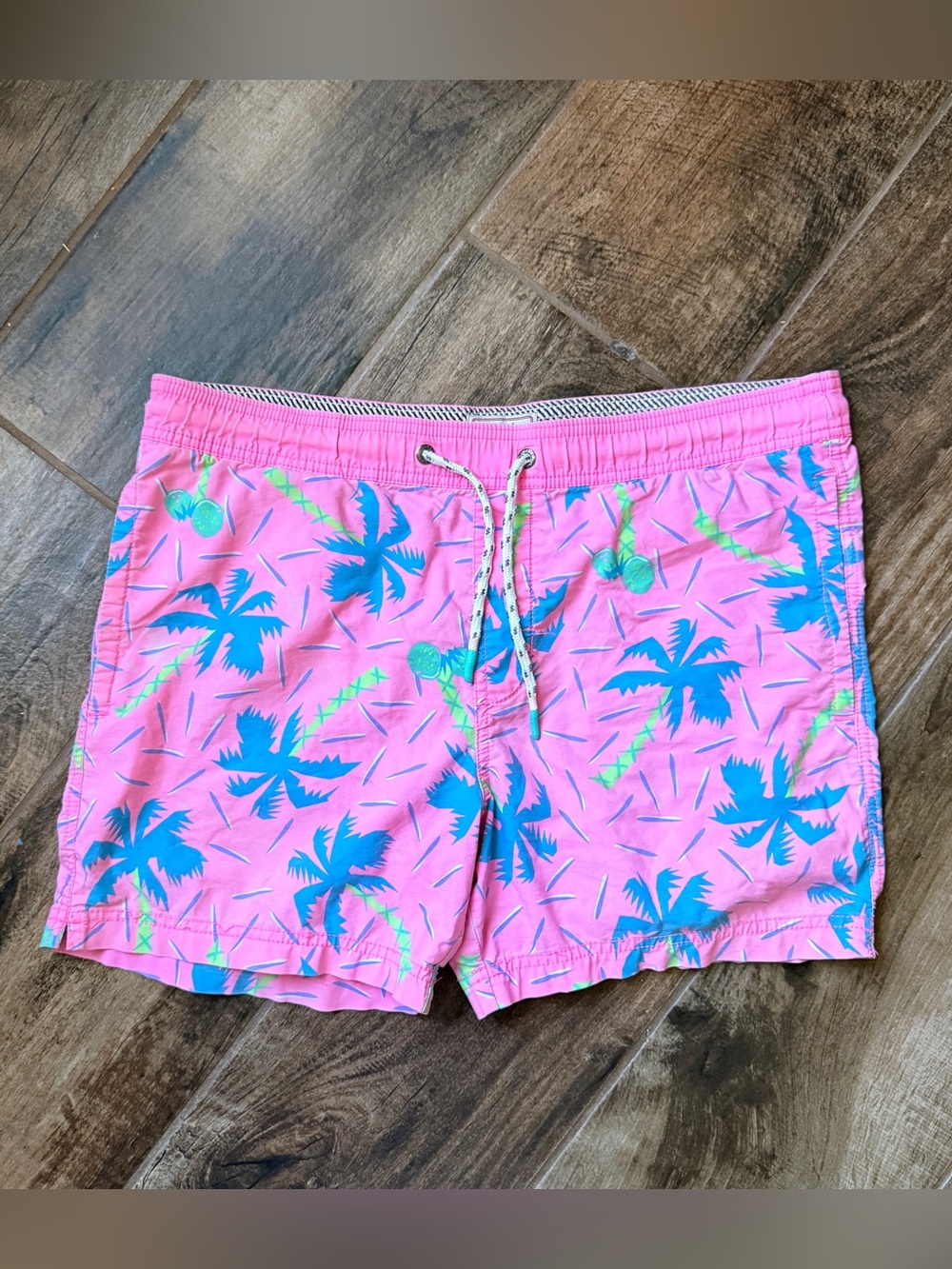 Party Pants Men’s Pink Tropical‎ Palm Print 5” Swim Shorts, S